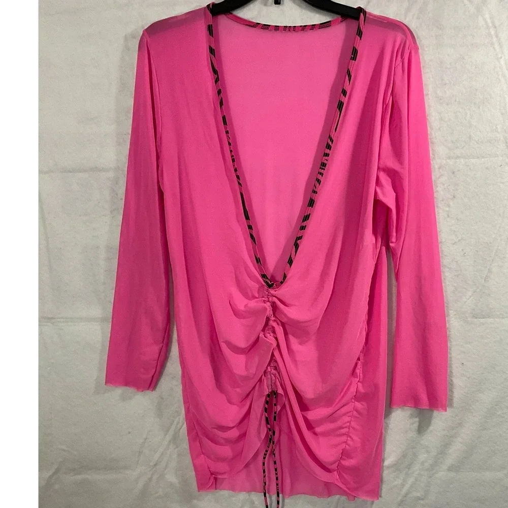 Mesh Cover Up Dress Womens 1XL Pink Ruched Zebra Trim Sexy Beachwear